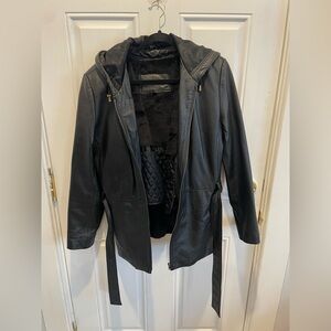 Women's Black Leather Hooded Zip-Front Jacket